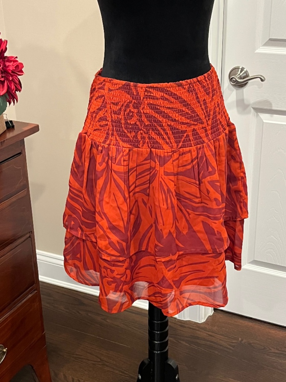 Her Destiny Burnt Orange Shirred Waist Tiered Skater Style Midi Skirt L